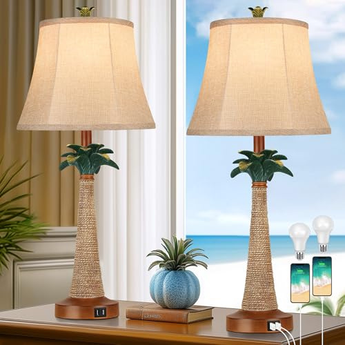 Lot de 2 lampes de table en forme de palmier avec 2 ports USB pour salon, plage, lampes de chevet tropicales pour chambre à coucher, décoration d'intérieur