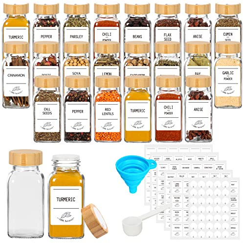 Lot de 24 pots à épices en verre couvercles hermétiques en bambou, 180 ml - Flacons d'assaisonnement carrés vides étiquettes, cuillère à mesurer et entonnoir en silicone