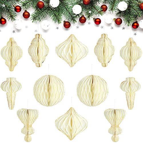 Lampadari di Carta Glitterata a Nido d'Ape Pom Pom per Festa Lanterne di Carta a Forma Speciale Palle Decorative Natalizie da Appendere Decorazioni per Albero di Natale, Bianco (24 Pezzi)