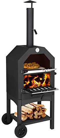 Outopee Outdoor Pizza Oven, Wood Fired Pizza Oven with Adjustable Chimney, Pizza Stone, Pizza Peel, Removable Wheels for Barbecue Camping Backyard Party