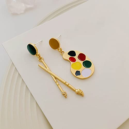 LULAND Asymmetric Paintbrush Earrings,Stylish Artist Paint Brush Dangle Earrings, Gold Painter Palette Paint Stud Earrings for Women Girls Jewelry Gifts (Q)