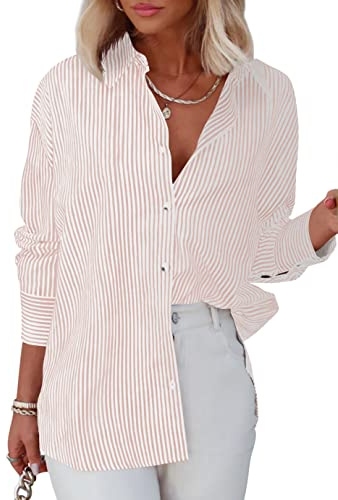 Homlan blus damer långärmad ränder business casual topp V-ringad arbete skjorta lös knapplist skjorta blus, Ljusrosa, L