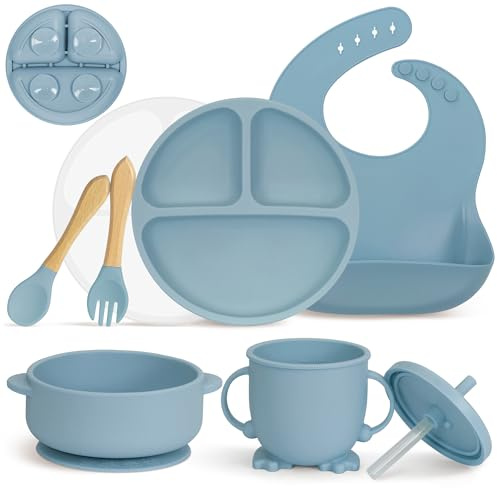 MOJINL Set di stoviglie in silicone per bambini, antiscivolo, con ventosa, 7 pezzi, senza BPA, con cucchiaio, forchetta, ciotola, bavaglino, tazza per bambini e piatti con coperchio