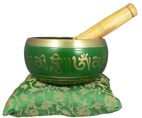 PR INTERNATIONAL Singing Bowl Tibetan Prayer Instrument with Wooden Stick And Cushion Meditation Bowl In Green Colour