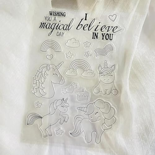 Timbri trasparenti per la creazione di biglietti, 11 x 16 cm, con simpatico unicorno a forma di animale, in silicone trasparente, per decorazioni di album fotografici