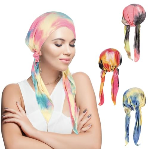Vorgebundenes Chemo-Kopftuch, 4 Stück, bunt, Batik, Beanie, Totenkopf, Turban, Kopftuch für Damen