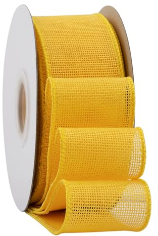 Ribbonitlux Gult säckväv trådbundet band, 50 mm x 18 meter, trådbundet kantsäckvävsband för presentförpackning, stor rosett, krans och julgransdekoration