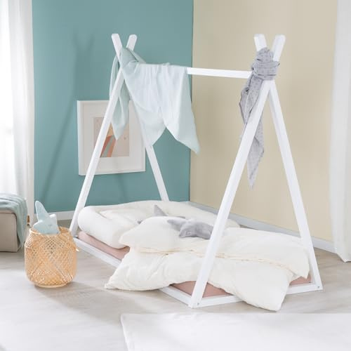 Roba Tipi-Säng 70 x 140 Cm I Tältform, Barnsäng Enligt Montessori-Principen, Fsc-Certifierat Trä, Babysäng För Lek, Läsning Och Mys, Vitlackad