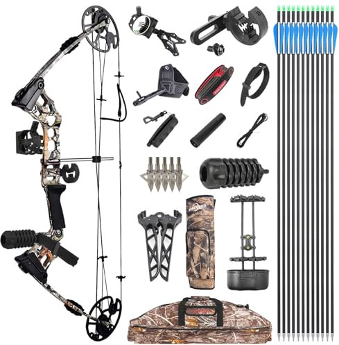 Compound Bogen Kit, Jagd & Targeting, Gordon Limb Made in USA, Zuggewicht 19-75 Lbs Einstellbar, ZugläNge 17”-29.5“,Bis Zu IBO 325FPS, Paket mit Bogen Jagd Zubehör (Tarnfarbe Linkshänder)