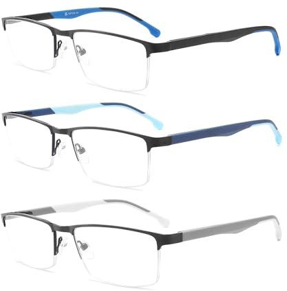 MODFANS 3 Paire de Lunettes de Lecture 1.5 Homme Anti Lumiere Bleue - Monture Rectangle en Metal Acier Inoxydable Lunettes Loupe Bleu/Bleu Clair/Gris