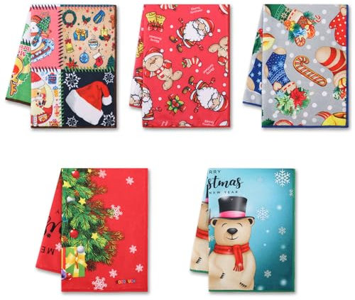Autilify Weihnachts-Geschirrtücher 5er-Set – 55x40 cm – Mikrofaser Geschirrtücher mit Weihnachtsbaum, Weihnachtsmann, Schneemann & Bär – Saugfähig & Schnell Trocknend