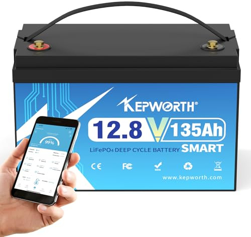 KEPWORTH Batería LiFePO4 135 Ah 12,8 V Bluetooth batería de litio 100 A BMS, 4000-15000 ciclos, batería de ciclo profundo, reemplazo perfecto para baterías de plomo-ácido para caravanas, camping