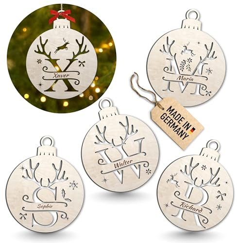 Urhome Weihnachtskugel personalisiert mit Namen Gravur Buchstabe A-Z mit Geweih Motiv Hell Braun - Ornament Christbaumschmuck Weihnachtsdeko Weihnachtsbaum Anhänger aus Holz