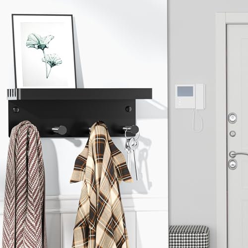 LOXSUN Hundegarderobe mit Ablage, Metall Dogstation Hundegarderobe Hundeleinen Halterung Wand, Schlüsselhalter Schwarz, Schlüsselbrett Ohne Bohren mit 4 Haken für Schlüssel, Hundeleine, Beißleine