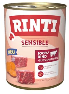 RINTI Sensible - Nourriture Humide pour Chiens sensibles et Adultes avec Morceaux de Viande naturels - Aliment Complet sans céréales en boîte sans additifs artificiels - 6 x 800 g de bœuf + patate
