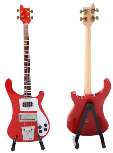 Mini Musikinstrument Dekor 20 Cm Hohe Rote Miniatur-Bassgitarre Mit Ständer Und Koffer Musikinstrumentenmodell Ornamente