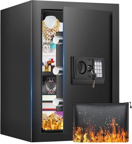 55L Großer Safe Tresor für Zuhause, Safe Tresor Feuerfest Wasserdicht mit Schlüssel, Zahlenschloss, Möbeltresor Feuerfester mit Intelligente Alarme, Wandtresor für Gold Schmuck Dokumente
