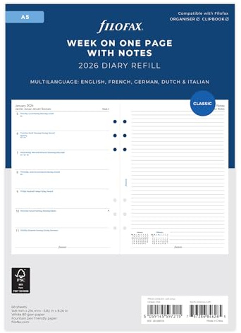 Filofax Kalender A5 1 Woche auf einer Seite + Not.mehrsp.2026