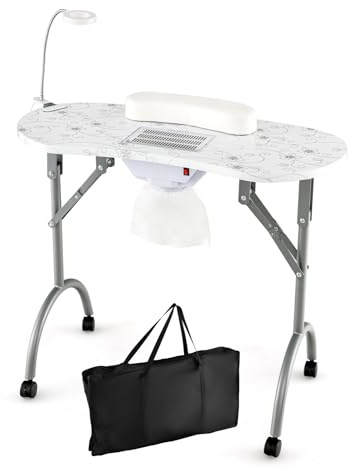 RELAX4LIFE Tavolo per Manicure Portatile Pieghevole con Aspiratore, Lampada LED Regolabile, Cuscino Rimovibile, Borsa di Trasporto e 4 Ruote Bloccabili, 90 x 43 x 73 cm (Bianco)