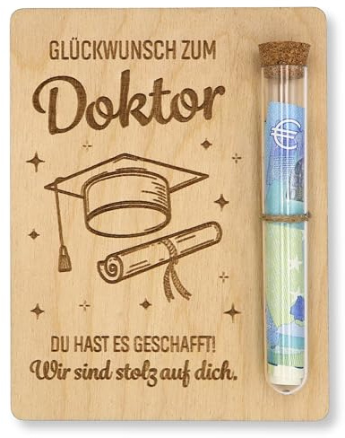 ZUKLA Verpackung für Geldgeschenke Doktor - 13 x 10 cm - mit Reagenzglas - Promotion Geschenk 2026 - Geldgeschenk Verpackung aus Holz - Doktortitel Geschenk