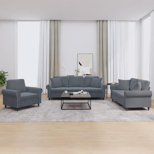 Homgoday 3-TLG. Sofagarnitur mit Kissen Loungesofa Wohnzimmersofa Gästesofa Sofa Couch Couchgarnitur Sitzmöbel für Wohnzimmer Empfang Büro Dunkelgrau Samt