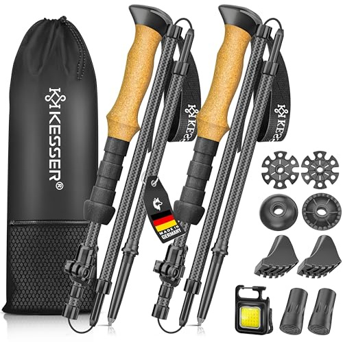 KESSER Bâtons de randonnée pliables - En carbone - En aluminium - Avec poignée en liège - 105-120 cm - Pour homme et femme - Pour la randonnée, la marche nordique, le trekking, le ski et les sports de