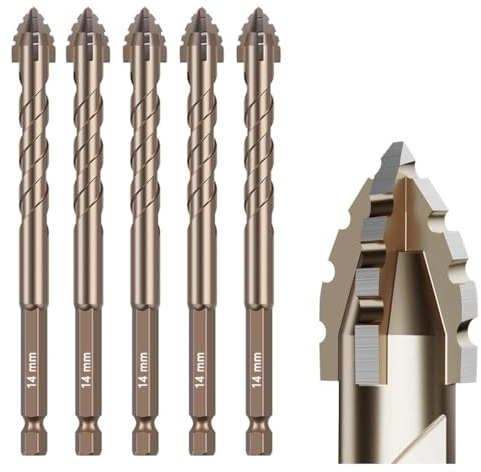 5Pcs Serrated Masonry Drill Bit Set (9/16-14mm) – Titanium Coated High-Speed Steel, Eccentric Flute Design for Dry Drilling Concrete, Tile, Glass, Brick & Metal – Industrial & Household Use