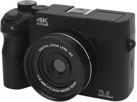Macchina Fotografica Digitale 4k, Videocamera Digitale Wifi Con Doppio Obiettivo Automatico Con Zoom Uhd 18x Da 75mp Con Flash E Microfono Fotocamera Vlog Portatile Ricaricabile (BLACK)