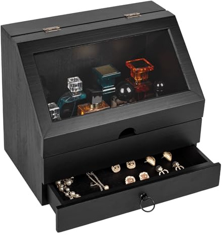Cokritsm Wooden Cologne Organizer, Acrylic Clear Flip - Divided Drawer Angled Display, Vanity Storage for Perfumes Jewelry Cosmetics, Bedroom Bathroom Organiser, Black