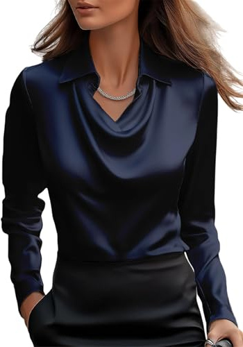 MorFansi Blusa de satén para mujer con cuello en cascada, elegante, de manga larga, camisa de seda, camisa de trabajo, camisa de negocios de manga larga, azul marino, L