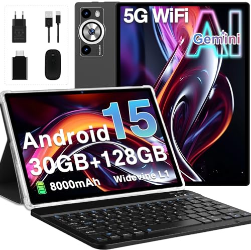 Tablet Android 15 Gemini AI Tablet 10 Pulgadas con 30GB RAM+128GB ROM/TF 2TB, Octa-Core 2.0 GHz, 8000mAh, 5G WiFi, GMS Tablets Widevine L1 FHD, 8+5MP, BT 5.0, GPS, Funda, Teclado y Ratón - Negro