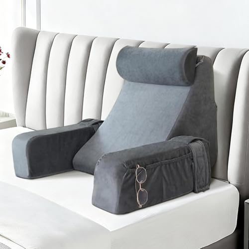 Almohada Lectura Cama, Cojin Lectura con Cojín Cervical y Reposabrazos,Grande Cojín para la Espalda, Almohada en Forma de Cuña para Cama y Sofá, Almohada de Respaldo para Jugar, Relajarse, Leer