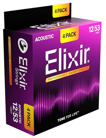Elixir Saiten für Akustikgitarren aus Phosphorbronze mit NANOWEB -Technologie, Light (.012-.053) — Exklusiv bei Amazon, 4er-Pack
