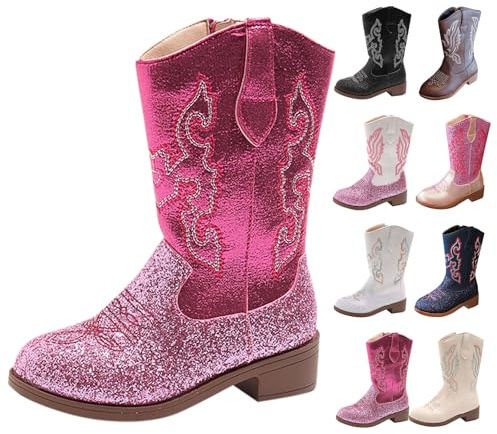 Girls Mid Calf Cowboy Boots,Sparkly Glitter Cowboy Western Mid Calf Boots Little Kids Round Toes Low Heel Zipper Party Birthday Dress Boot Riding Shoes UK 12 Pink Footwear