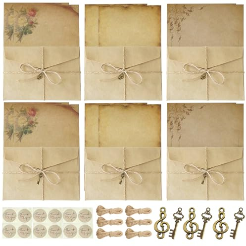 Vintage brevpapper med kuvert, brevpappersset med 6 kuvert i vintagepapper, 12 pappersbrevpapper, 6 klistermärken, 6 paraplysnöre och 6 tillbehör, för födelsedag, bröllop