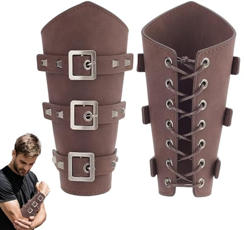 CHUANFU 2 stycken viking läder armskydd, medeltida armskenor PU-läder riddare retro armskenor medeltida armskydd, kostymtillbehör för LARP, renässans, cosplay halloween (brun)