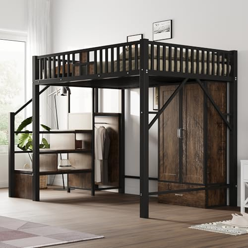 TIZZ Cama alta de metal de 140 × 200 cm con diseño de barandilla de madera y malla metálica, completa con armario grande, cajones y escalera de almacenamiento, color negro