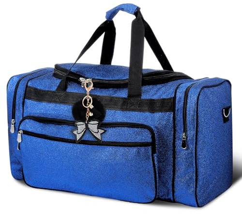 Aliceset Glitter Cheer Duffel Bag with Bow Keychain Cheerleading Ballet Dance Bag Gym Gear Sport Cheerleaders Gift Cheer Comp Day Competition Must Haves(Blue)