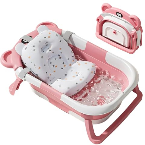 Vurlexat Foldable Baby Bath Tub with Temperature Display, Collapsible Bathtub with Seat Support Cushion, Anti-Slip Portable Travel Shower Bathing Basin for 0-3 Years Newborn Toddler Infant Pets(Pink)