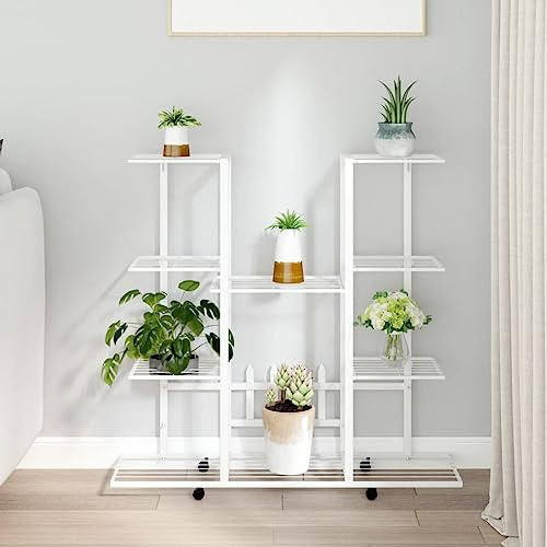 Frdhee Balkon Deko Blumentisch,Blumenständer mit Rollen 94,5x24,5x91,5 cm Weiß Eisen,Pflanzständer für Verschiedene Pflanzentöpfe