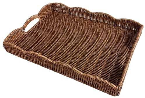 Rattan Tray 15x11x2in Large Woven Ventilate Rectangular Tray with Handle Rustic Decorative for Fruit, Vegetables, Snack, Bread, Coffee