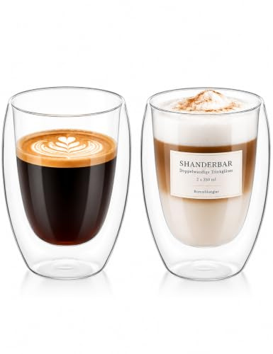 2er Set 350 ml Latte Macchiato Gläser Doppelwandig, Borosilikatglas | Doppelwandige Thermogläser & Kaffeegläser für Espresso, Cappuccino, Tee, Milch, Bier, Saft, heiße & kalte Getränke