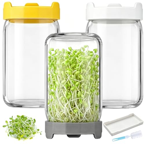 Bohoray Lot De 3 Bocal De Germination, 900ml Pots Mason à Large Ouverture Couvercles De Germination, Pots De Germination Lot, Plateau à éGouttage Et Brosse Nettoyage, pour La Luzerne Potager Familial