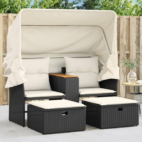 Versear Gartensofa 2 Sitzer mit Dach und Hockern Outdoor Sofa 2 Sitzer Sessel Balkonmöbel Set für kleinen Balkon Gartenmöbel wetterfest -Schwarz-mit Vordach