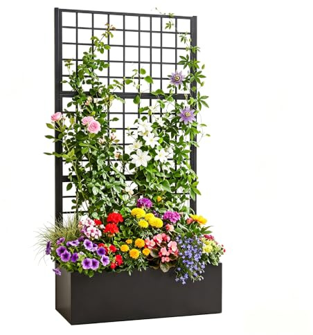HOMASIS Blumenkasten mit Sichtschutz, Pflanzkübel mit Rankgitter, Pflanzkasten aus Metall, Hochbeet Pflanzgefäß Rankkasten Gartenspalier Rankhilfe für Balkon Garten Terrasse (Schwarz, 90x40x180,5cm)
