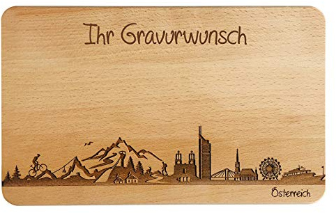 SNEG Brotzeitbrett Österreich Skyline | Frühstücksbrettchen aus Buche | Holz Schneidbrett | Geschenk mit Gravur | Frühstücksbrett (Brett L (26x16x1,5cm), 2. mit persönlicher Gravur)
