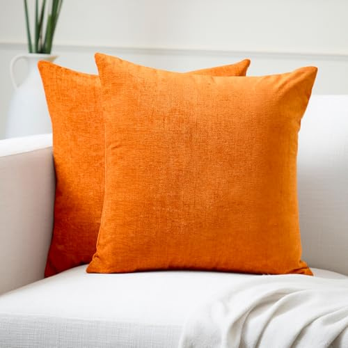 Encasa Homes 2 st. kuddfodral i chenille – orange – 40 x 40 cm, enfärgade, mjuka och släta kuddfodral, till kudde på soffa, stol, säng och golv