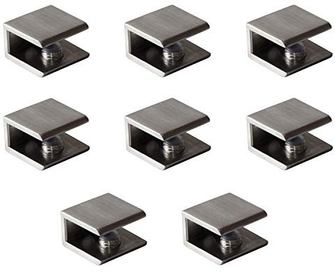 Glasklemme, 8er Set, Regal-Halter, Glashaltung, Regaltrager, Glasbodentrager, Gebürstetes Nickel Vierkantform, Verstellbar für Plattenstärke 6-10mm, Glas- und Holzböden Wandmontage