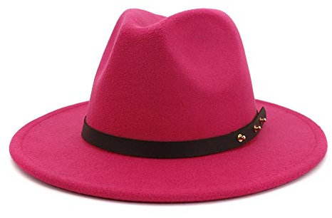 wangqianli Herbst-Winter-Frauen-Cotton Schlapphut Männer Filzhut Fedora-Hut mit Leder-Niet-Flacher Rand Band Jazz-Art Panamahut (Farbe : Magenta, Größe : 59-60cm)
