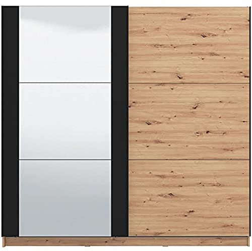 TUCO - Armoire Dressing Chambre avec Miroir et 2 Portes coulissantes, Couleur chêne et Noir. Dimensions : 217 cm (Largeur) x 62,5 cm (Longueur) x 210 cm (Haut)